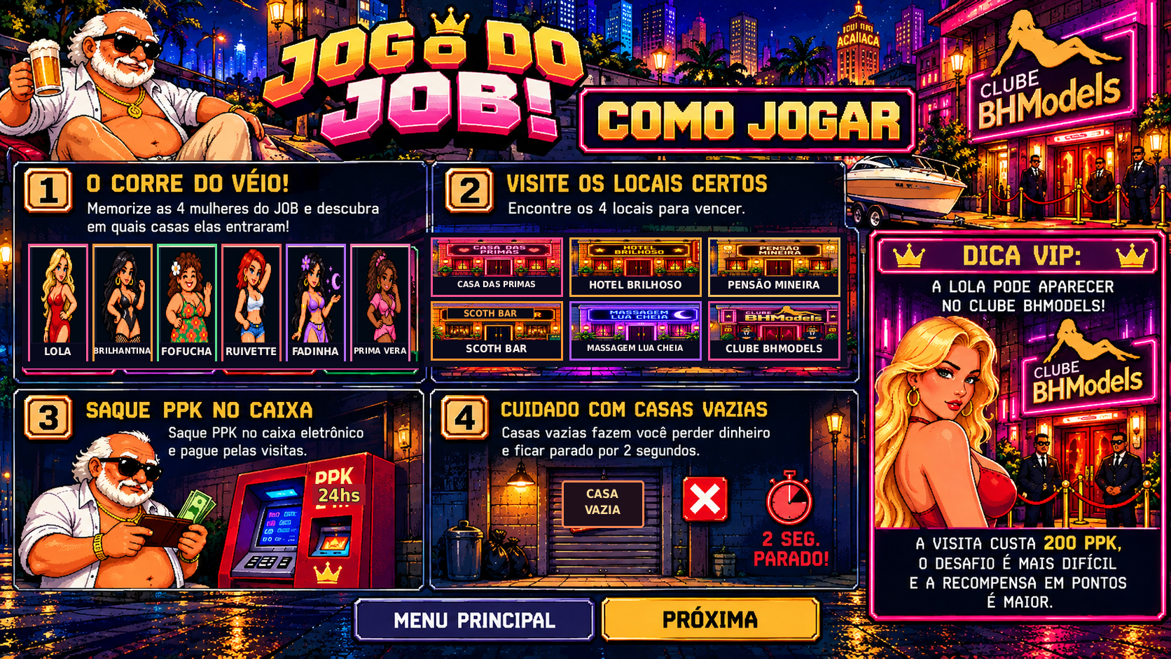 Como jogar, página 1: memorize quatro mulheres, visite os locais certos, saque PPK e evite casas vazias. Dica VIP da Lola no Clube BHModels.
