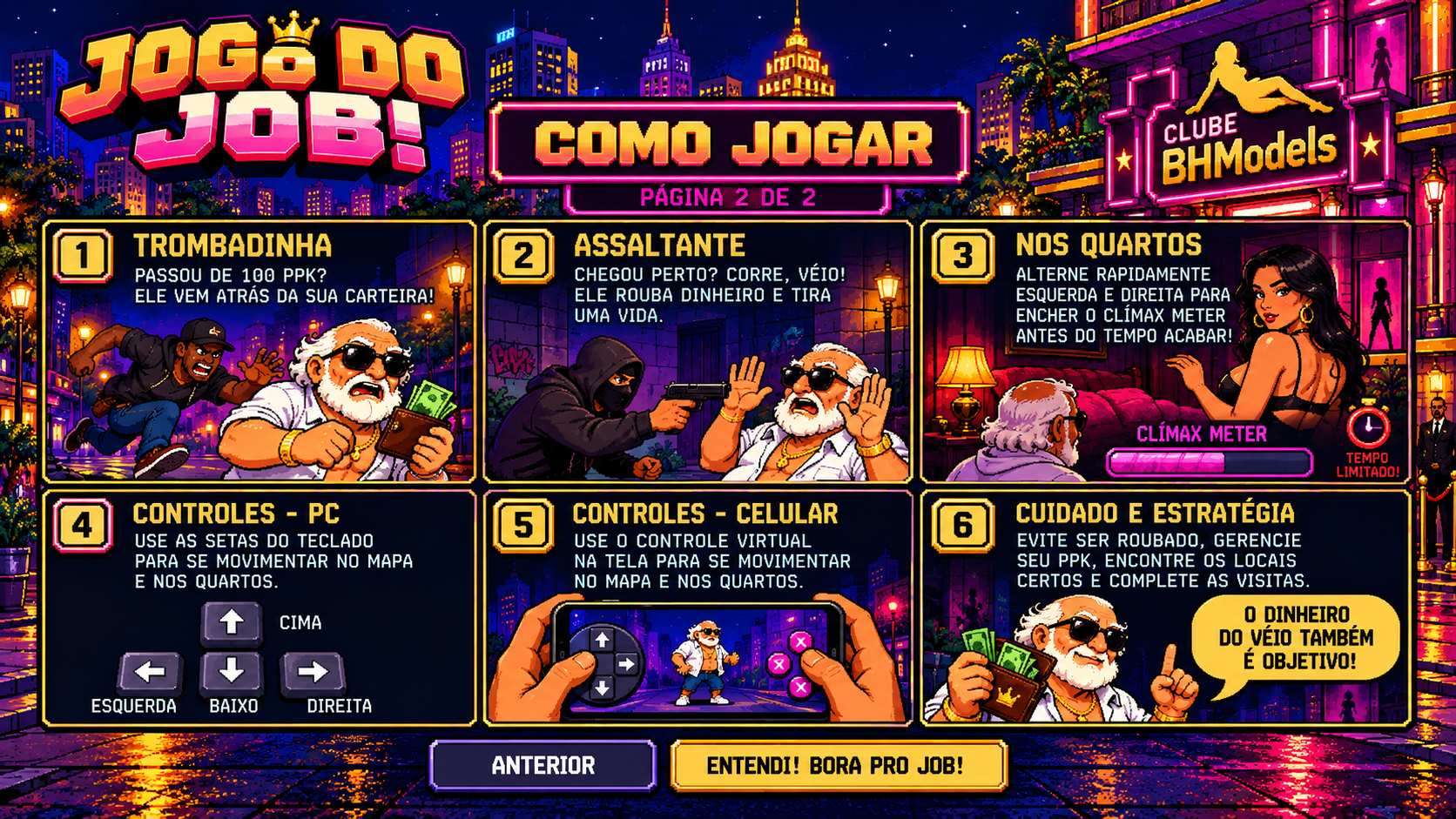 Como jogar, página 2: trombadinha, assaltante, alternância nos quartos, controles no PC e celular e cuidado com o dinheiro.